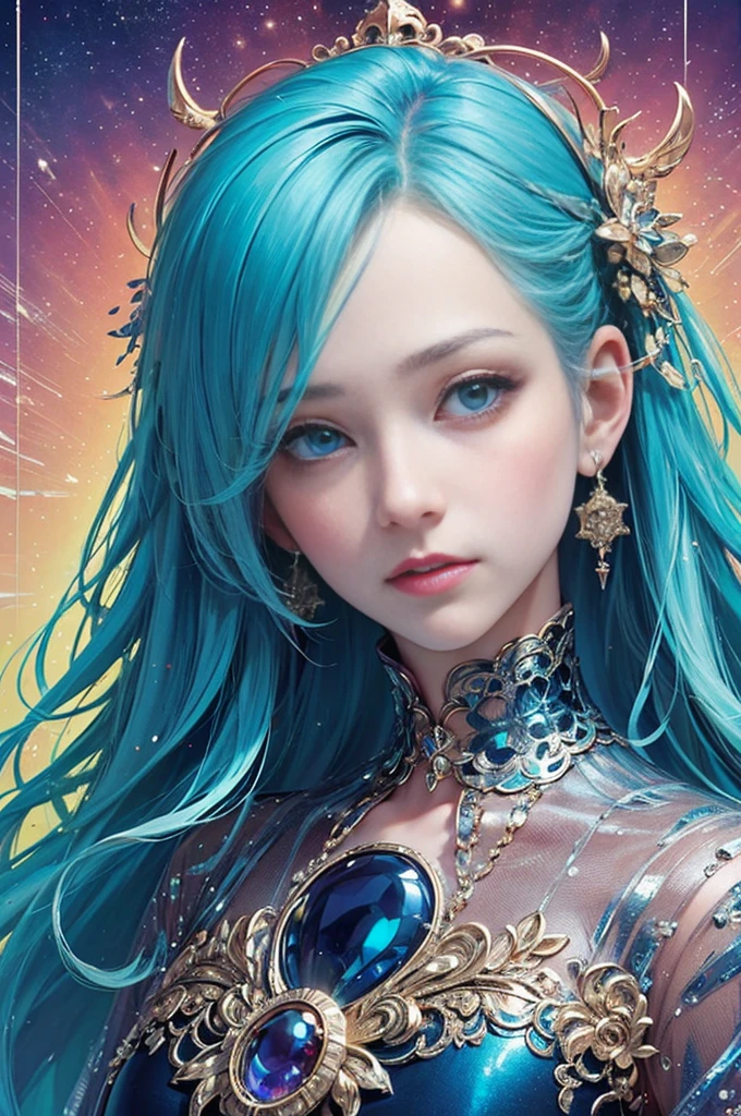 (masutepiece, of the highest quality, Best Quality, Official art, Beautiful and aesthetic:1.2), (1girl in), Extremely detailed,(Fractal Art:1.3),Colorful,Highest detail,Eye color is turquoise blue、