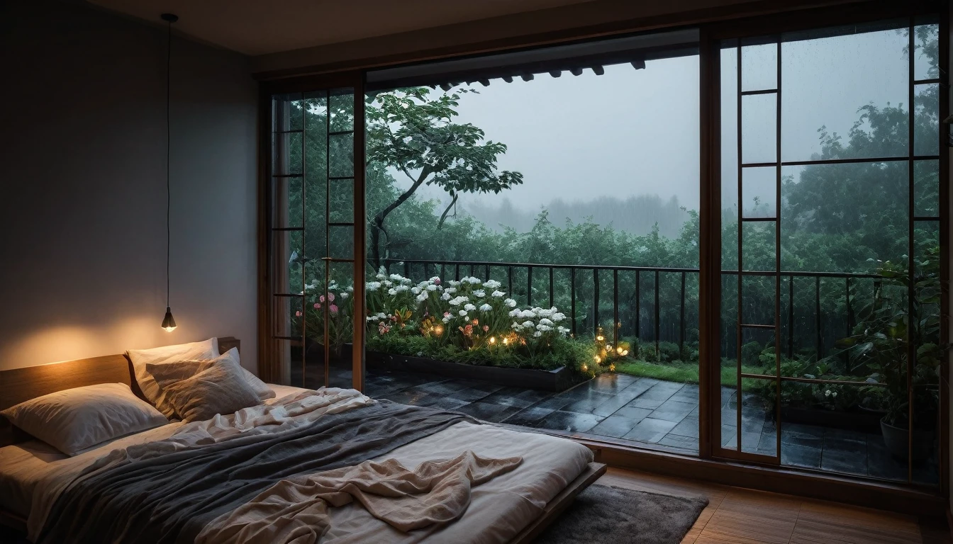 The picture shows a cozy gloomy bedroom, with a large window offering a view of a beautiful, dimly lit garden AND a garden soaked in FLOWERS, the cobblestones of the Japanese house concept. CINEMATIC, JAPANESE HOUSE, the shape of a Japanese house, and lots of flower gardens in the garden. The bed was unmade with rumpled sheets, indicating only a light sleep. the room is dark, gloomy, looks dim, gloomy. Beside the bed there is a small table with a classic lamp that radiates warm light into the room. Outside the window you can see the lush greenery of the terrace or balcony area, the rain is falling, the lamp on the left provides warm lighting, creating a calm and peaceful atmosphere. with fog obscuring part of the view in the distance. The contrast between the warmth indoors and the rain outdoors creates an inviting and calming atmosphere