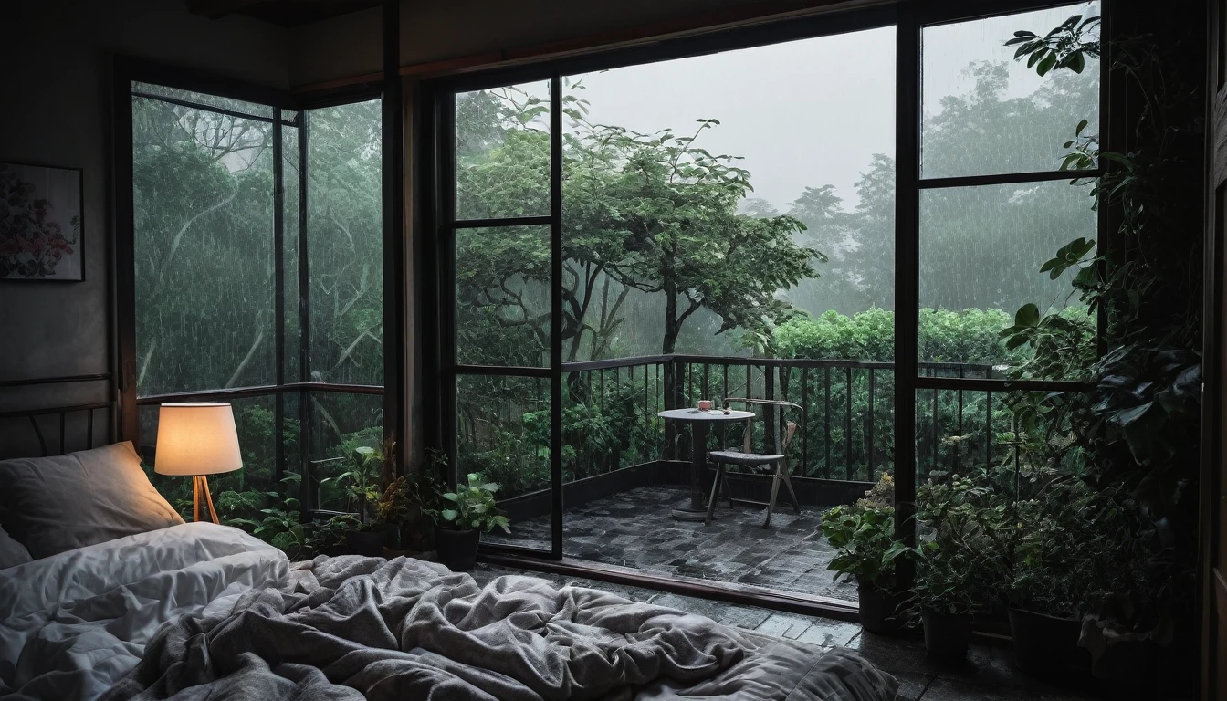 The picture shows a cozy gloomy bedroom, with a large window offering a view of a beautiful, dimly lit garden AND a garden soaked in FLOWERS, the cobblestones of the Japanese house concept. CINEMATIC, JAPANESE HOUSE, the shape of a Japanese house, and lots of flower gardens in the garden. The bed was unmade with rumpled sheets, indicating only a light sleep. the room is dark, gloomy, looks dim, gloomy. Beside the bed there is a small table with a classic lamp that radiates warm light into the room. Outside the window you can see the lush greenery of the terrace or balcony area, the rain is falling, the lamp on the left provides warm lighting, creating a calm and peaceful atmosphere. with fog obscuring part of the view in the distance. The contrast between the warmth indoors and the rain outdoors creates an inviting and calming atmosphere