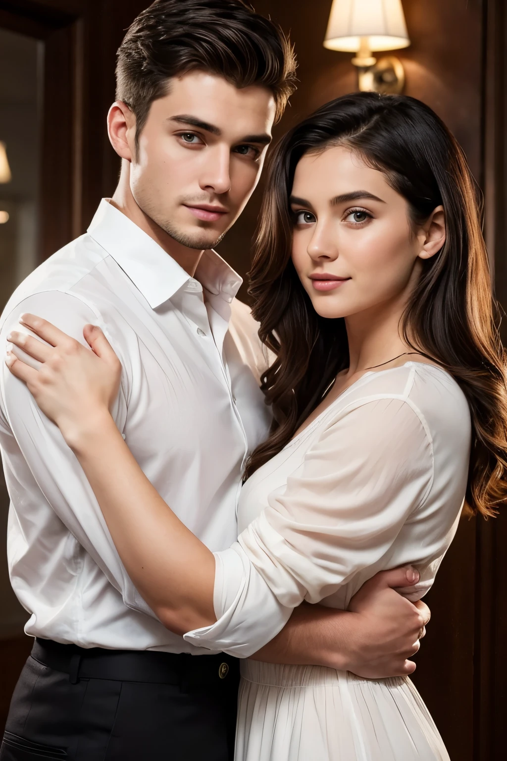 A handsome 27 year old boy and 24 year old girl were in love. The boy is wearing a white shirt and black pants. His shirt is folded close to his elbow and he has a lovely look. The girl is very beautiful and she is wearing a red dress. Her appearance is soft. They hugged each the on a  where at night