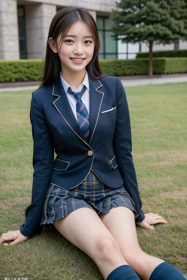 (8K), (highest quality: 1.2), (Realistic), (Realistic: 1.37), Ultra-high resolution, 1 girl, cute, (Embarrassed smile:1.2), (Blushing:1.4),Mouth closed, Beautiful details, Beautiful Nose, black straight Hair, giant dulcefo, pork, Thighs,Navel exposed,University Student Uniform,A simple blazer,Pleated skirt,(The skirt and tie are tartan check pattern.:1.3),(sitting on a park:1.2),(Shiny Thighs:1.2), medium shot , (dark blue school socks:1.2)