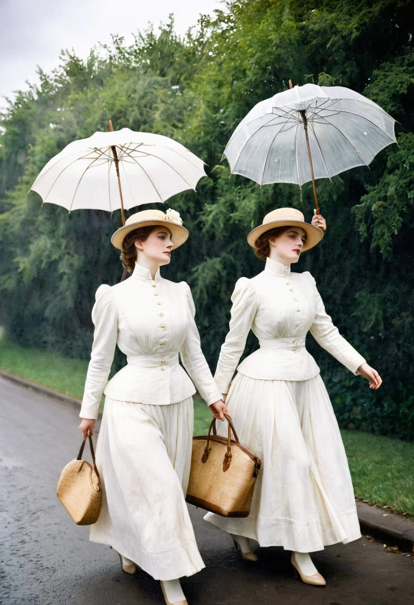 Paris , Storm scene, Edwardian Women in White, watercolor