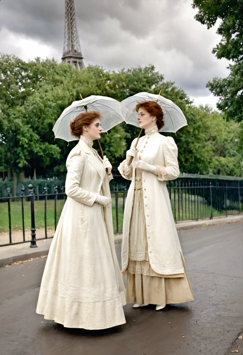 Paris , Storm scene, Edwardian Women in White, watercolor  