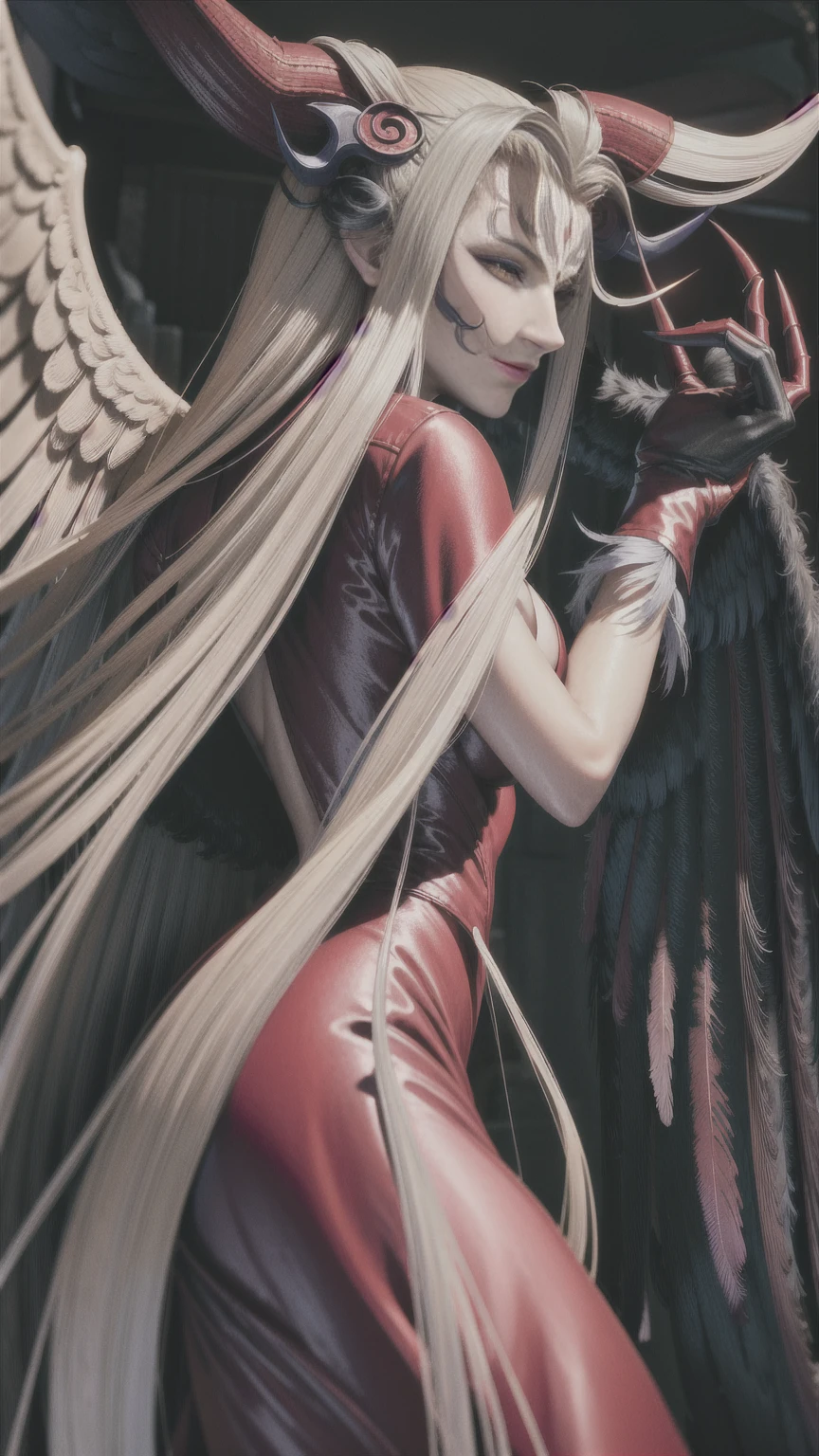 masterpiece, realistic, hyperrealistic, best quality, ultimecia, horns, red dress, plunging neckline, feather trim, black wings, facial marks, claws, upper body, smirk 