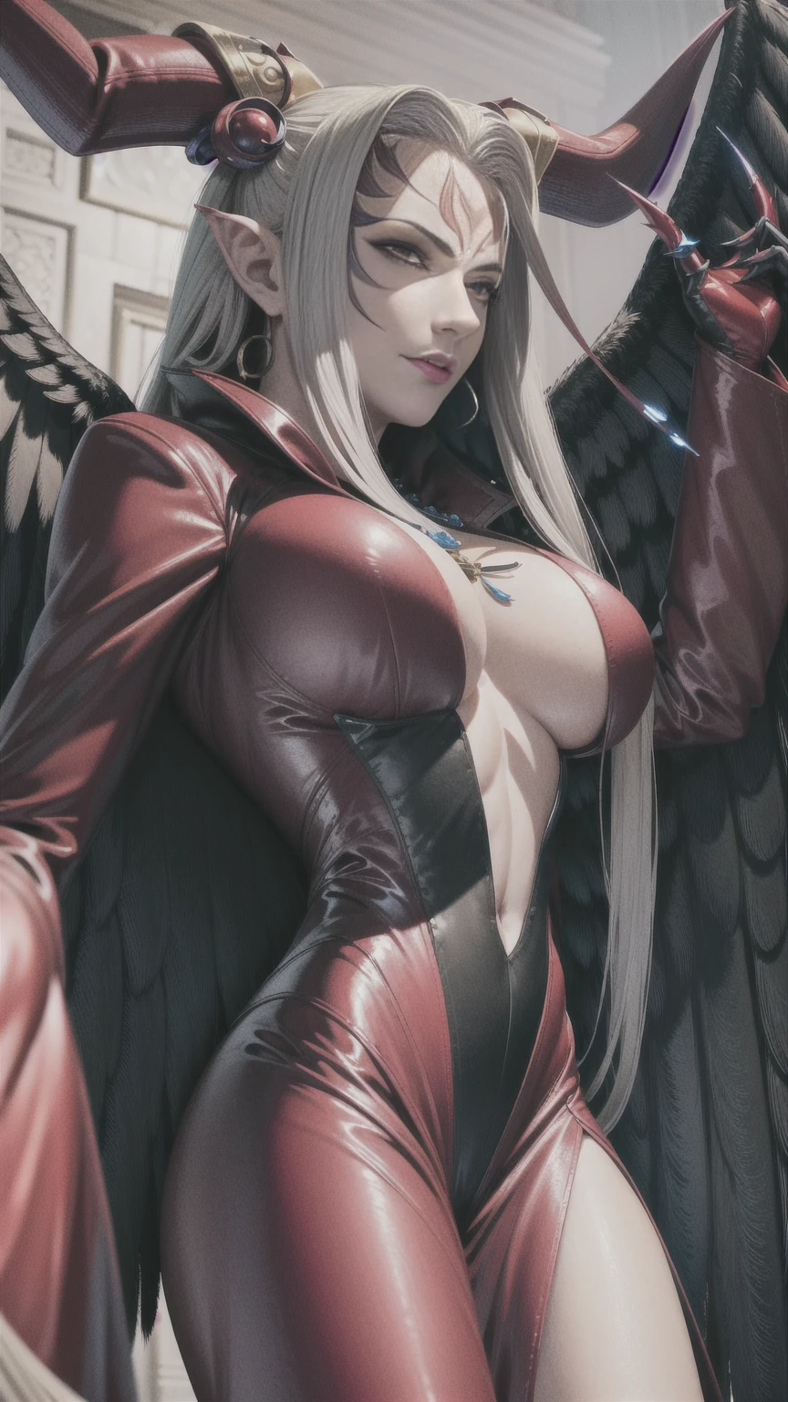 masterpiece, realistic, hyperrealistic, best quality, ultimecia, horns, red dress, plunging neckline, feather trim, black wings, facial marks, claws, upper body, smirk 