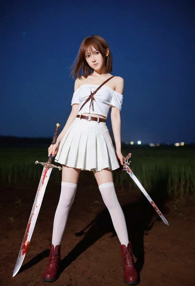 8K,(Asuna(Star): 1.6),A girl, Solitary,(Perfect anatomical structure:1.43), (Medium Length Hair:1.55) ,(Half:1.45),Bangs, Brown eyes,Beautiful eyes,(Sad smile:1.3),White stockings,(Brown hair:1.6),Blood-soaked boots,(18 years old:1.5),whole body,(血白银whole body铠甲与染血长斗篷的融合:1.63),(Bare shoulders:1.5),(mini skirt:1.26),(Holding a bloody sword:1.43),(Standing on the bloody battlefield at moonlit night:1.52),fantasy,(Blood Effect:1.53),Throw,Eye level view,(shadow:1.21)