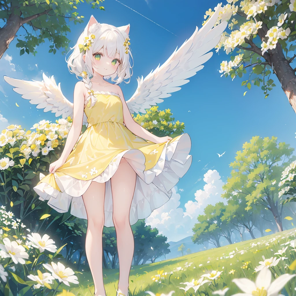 ((One girl)), (Standing diagonally facing forward:1.2), 7 years old, (Slightly puffy breast), (Healthy peach-colored skin:1.2), smiling, 
BREAK
White cat ears, inside the ears the color of paw pads,
BREAK
(Pure white hair:1.6), (Soft, inward-curling pure white hair:1.6), (Medium-length hair:1.6), (The hair under the cat ears behind the side hair flows forward and curls strongly on the collarbone: 1.6), (The hair in the back is strongly curled and reaches above the shoulders:1.6), (Hair is left down, not tied up:1.3), (Hair is at the shoulders: 1.6), 
BREAK
(Pure white wings on the upper body:1.2), (Straight wings:1.3), (Small wings:1.6),
BREAK
(Simple dress made entirely of white:1.3), (Dress with slightly exposed shoulders:1.1), (Upper half of the torso of the dress fits tightly to the body up to the waist:1.3), (Lots of fabric from the waist down, gathers and separates from the body:1.4), (Dress is long enough to cover the thighs:1.6), (Dress skirt hangs down to the knees:1.6), No decoration on the dress, no petticoat or white,
BREAK
(Yellow-green grassland:1.6), (Lots of white flowers:1.6), (Clear blue sky:1.4)