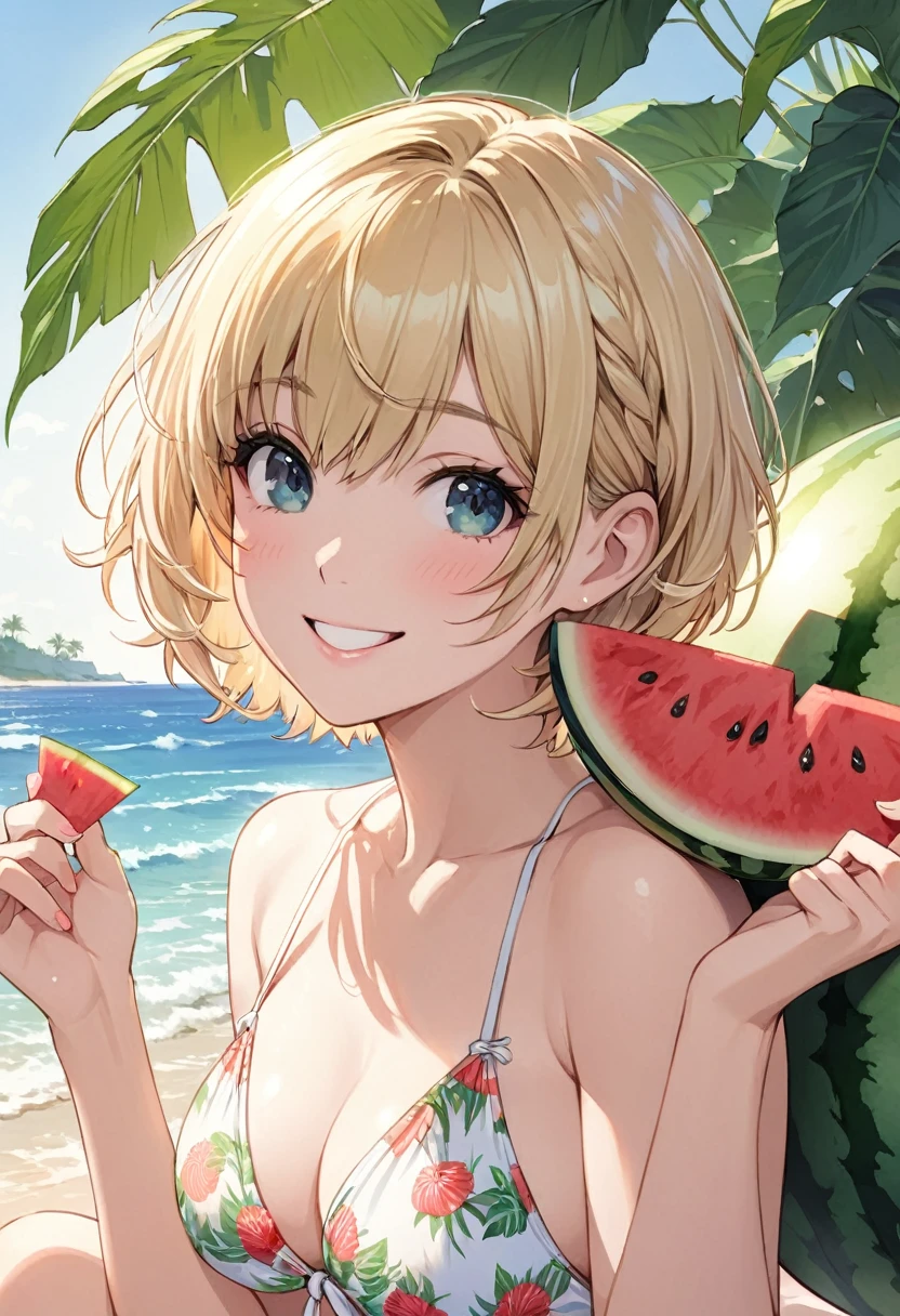 One girl, blonde short hair, wearing a swimsuit and taking Watermelon,smile,(((masterpiece))), (((best quality))), ((ultra-detailed)), (illustration), (detailed light),((an extremely delicate and beautiful)),(beautiful detailed eyes),