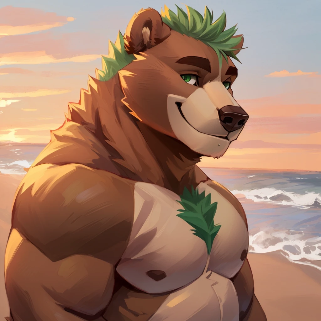 A muscular, caramel brown colored fur anthropomorphic grizzly bear, green eyes, green hair, closed smile, bara bear, beach background, high quality furry art.