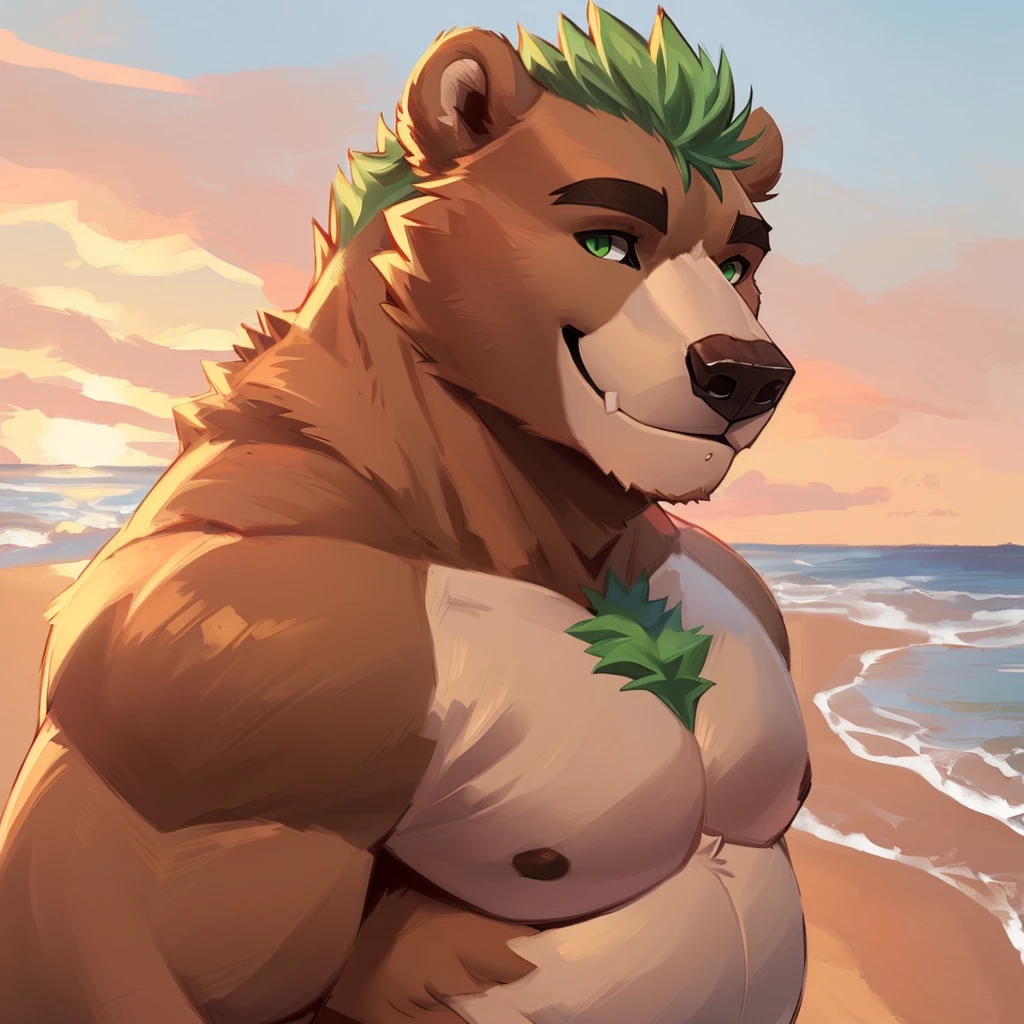 A muscular, caramel brown colored fur anthropomorphic grizzly bear, green eyes, green hair, closed smile, bara bear, beach background, high quality furry art.