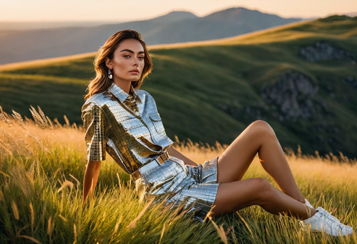 ((best quality)), ((masterpiece)), (detailed), full body shot, sitting behind the grass, summer fashion photo shot, dynamic pose, dynamic angle, sunsetting in the background, young italian woman, wearing summer Dior apparel. she is looking off at the sunset, a cabin in golden grass field with rocky hills at the distance
