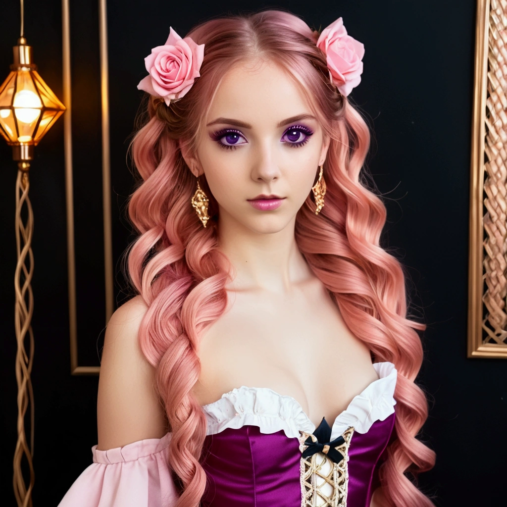 (((European))) girl with (((deep magenta eyes and long, wavy pink hair))) ((styled in an elegant French braid)). (((She is slender, and , with small breasts))). Wearing a (((pink, gold, and rose gold color themed outfit.))) The overall look is regal and ethereal, with magical glowing effects. cutesexy, , a hyperrealistic , hyperrealistic , realistic , seductive, smooth, beautiful alluring ,, (masterpiece), best quality, expressive eyes, perfect face ((Highest quality))、((8K))、(((8k wallpaper)))、ultra detailed, masterpiece, best quality, solo (((NSFW)))