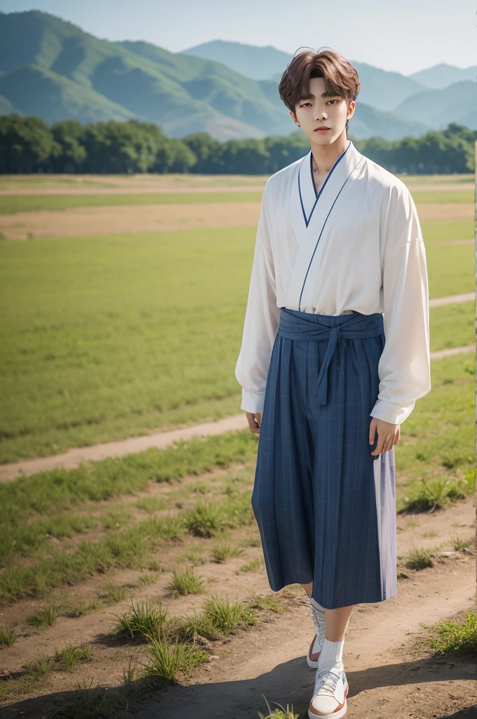 create an image of member taehyung of the south korean group bts wearing old chic clothes on a rural background