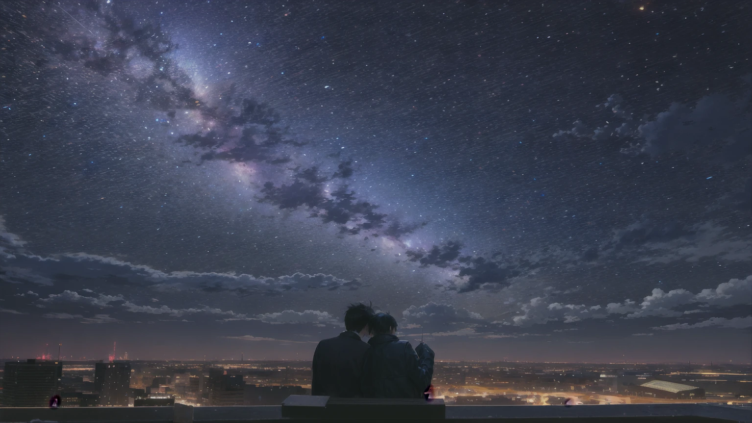 octane, Invalid, Star (Invalid), landscape, Starry Invalid, night, 1 boy, night Invalid, Solitary, outdoor, architecture, cloud, Milky Way, sit, wood, short hair、Black Hair、leather jacket, City, contour, Cityscape