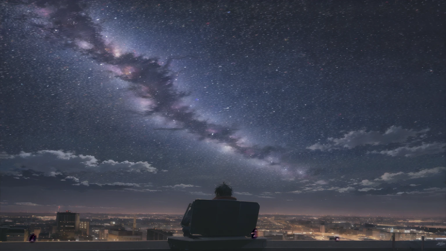 octane, Invalid, Star (Invalid), landscape, Starry Invalid, night, 1 boy, night Invalid, Solitary, outdoor, architecture, cloud, Milky Way, sit, wood, short hair、Black Hair、leather jacket, City, contour, Cityscape