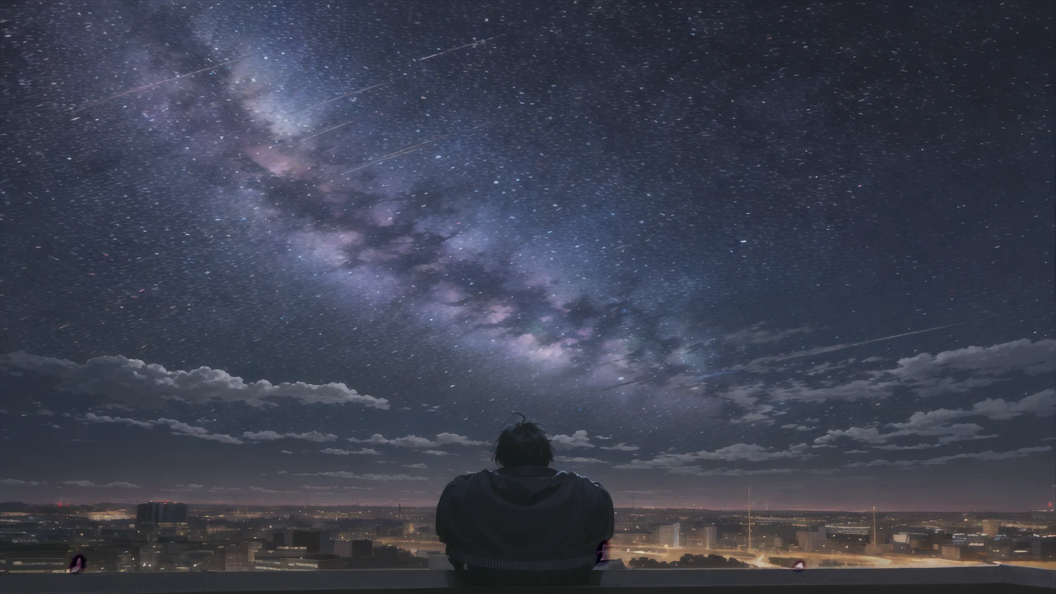 octane, Invalid, Star (Invalid), landscape, Starry Invalid, night, 1 boy, night Invalid, Solitary, outdoor, architecture, cloud, Milky Way, sit, wood, short hair、Black Hair、leather jacket, City, contour, Cityscape 