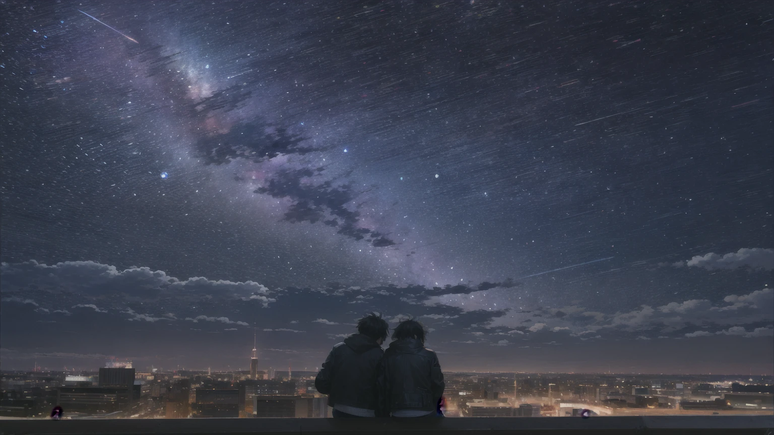 octane, Invalid, Star (Invalid), landscape, Starry Invalid, night, 1 boy, night Invalid, Solitary, outdoor, architecture, cloud, Milky Way, sit, wood, short hair、Black Hair、leather jacket, City, contour, Cityscape