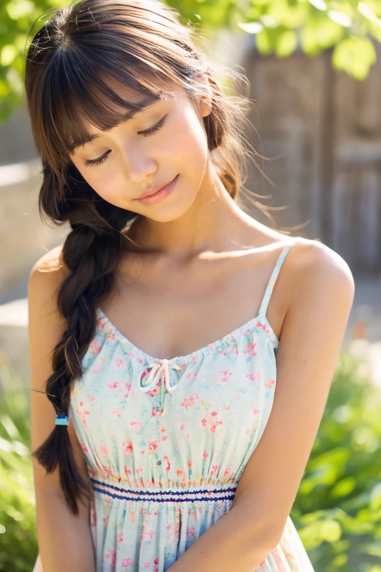 tanned beautiful girl、early summer、Provence region、Japanese、I narrowed my eyes.、Cut Eyes、Heavy eyelids、wearing a summer dress、18-year-old、With bangs、Braid、