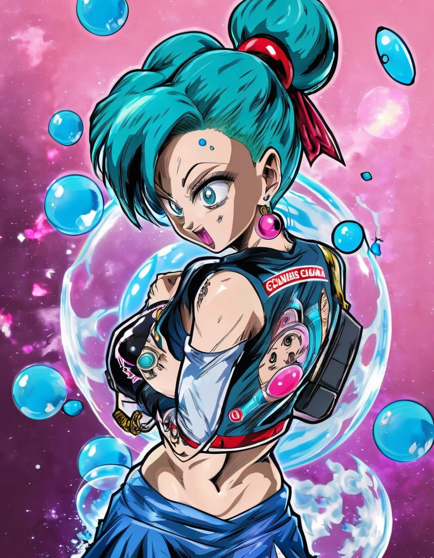 0zy Bulma with tattoos, looking raunchy, and chewing bubble gum. With capsule corp logo on skimpy blouse.
