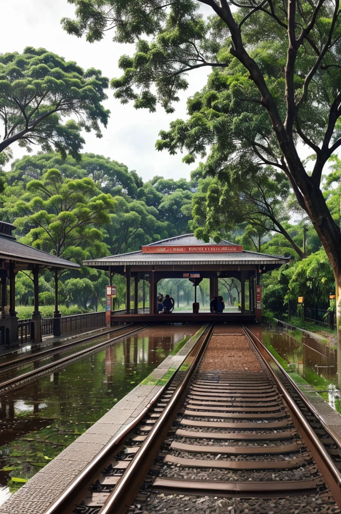 A railway station, trees are on both sides of railway track, after rain water spread over there flame tree flowers fallen over there there is waiting bench some walking with umbrella and without umbrella