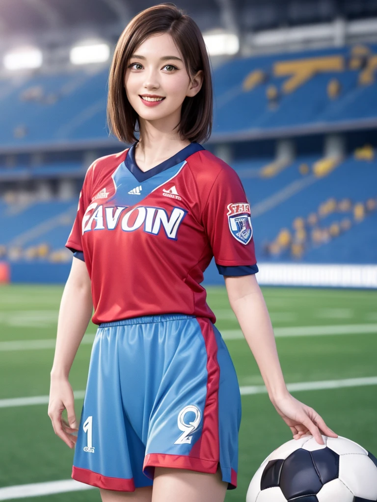 (Highest quality、8k、32K、masterpiece)、(Realistic)、(Realistic:1.2)、(High resolution)、Very detailed、Very beautiful face and eyes、(((Female solo shot)))、Frame In、Tight waist、(Highest quality、Attention to detail、Rich skin detail)、(Highest quality、8k、Oil paints:1.2)、(Realistic、Realistic:1.37)、Bright colors、(((Cowboy Shot)))、(((short hair)))、(((Laughter)))、(((Brown Hair)))、(((Soccer uniforms)))、(((ピンクのSoccer uniforms)))、(((Football Stadium)))、(((Enthusiastic audience)))、(((Uniform without lines)))、Short sleeve uniform、There are no lines on the sleeves