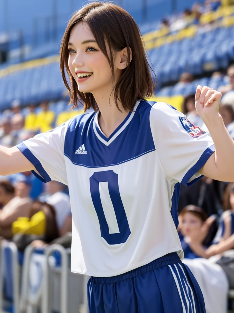 (Highest quality、8k、32K、masterpiece)、(Realistic)、(Realistic:1.2)、(High resolution)、Very detailed、Very beautiful face and eyes、(((Female solo shot)))、Frame In、Tight waist、(Highest quality、Attention to detail、Rich skin detail)、(Highest quality、8k、Oil paints:1.2)、(Realistic、Realistic:1.37)、Bright colors、(((Cowboy Shot)))、(((short hair)))、(((Laughter)))、(((Brown Hair)))、(((Soccer uniforms)))、(((ピンクのSoccer uniforms)))、(((Football Stadium)))、(((Enthusiastic audience)))、(((Uniform without lines)))、Short sleeve uniform、There are no lines on the sleeves