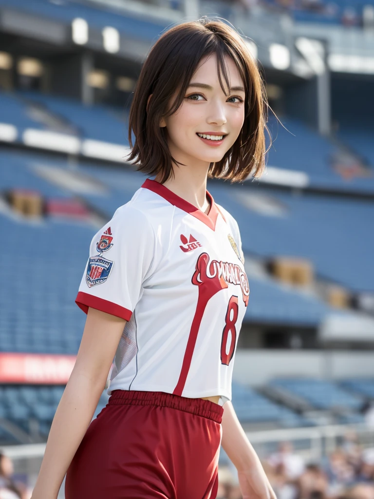 (Highest quality、8k、32K、masterpiece)、(Realistic)、(Realistic:1.2)、(High resolution)、Very detailed、Very beautiful face and eyes、(((Female solo shot)))、Frame In、Tight waist、(Highest quality、Attention to detail、Rich skin detail)、(Highest quality、8k、Oil paints:1.2)、(Realistic、Realistic:1.37)、Bright colors、(((Cowboy Shot)))、(((short hair)))、(((Laughter)))、(((Brown Hair)))、(((Soccer uniforms)))、(((ピンクのSoccer uniforms)))、(((Football Stadium)))、(((Enthusiastic audience)))、(((Uniform without lines)))、Short sleeve uniform、There are no lines on the sleeves