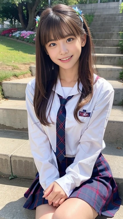 cute girl in uniform sitting on the stairs, 超Realistic school girl, 超Realistic school girl, Strike a Pose, Realistic school girl, cute , Sailor suit、Tartan plaid skirt、Tartan check tie、Japanese Girls , Shy and looking down,Big eyes、natural gentle smile、Slightly droopy eyes、Fair skin、Thin face、A gentle Japanese look、Clear Skin、Very stylish、Beautiful girl in short socks、Sitting in a park with lots of flower fields, Hair fluttering in the wind、16age、A radiant smile、teeth