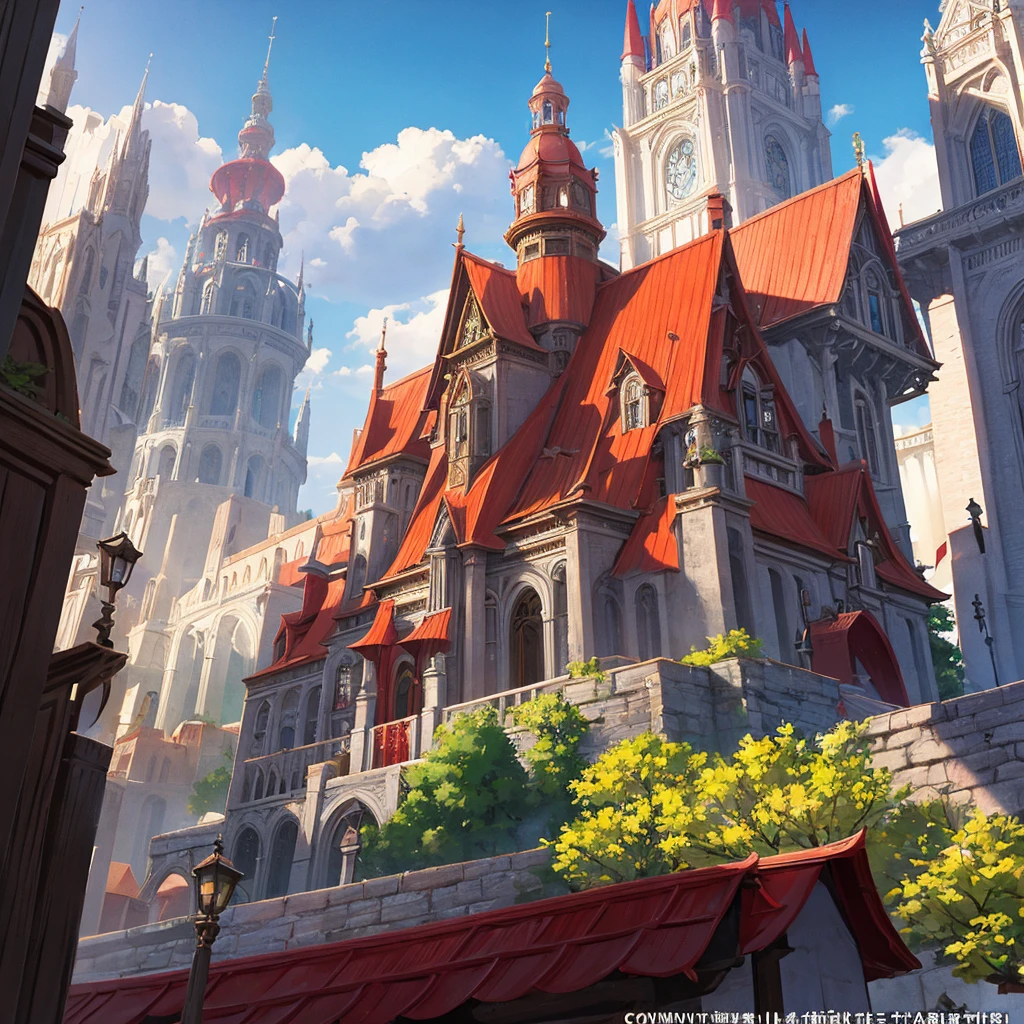 medieval fantasy capital's town  entrance at outskirts, red, white and black enigmática, secured with  Royal guards, anime Style ilustración, Creative and original , high quality, realistic , 