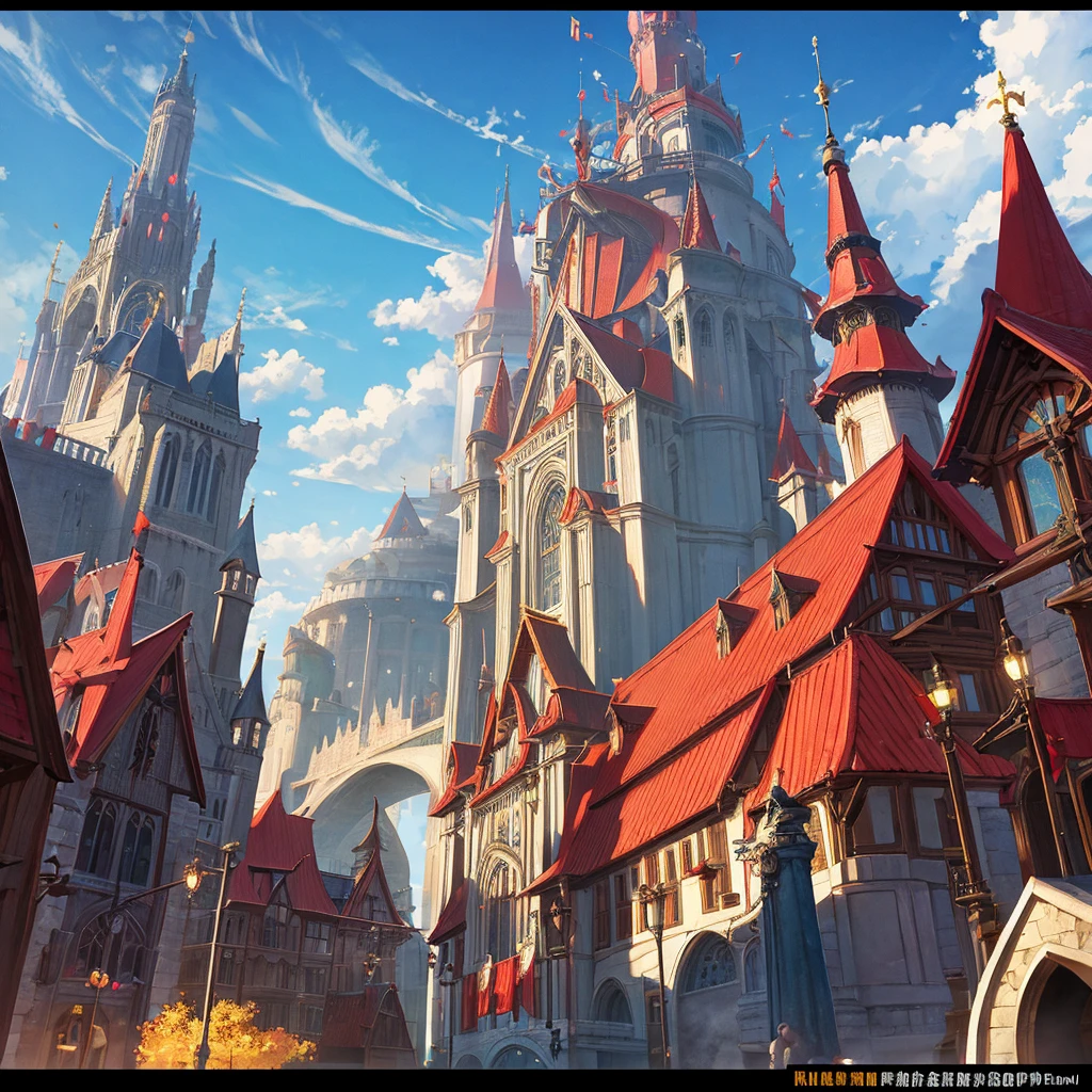 medieval fantasy capital's town entrance at outskirts, red, white and black enigmática, secured with Royal guards, anime Style ilustración, Creative and original , high quality, realistic ,