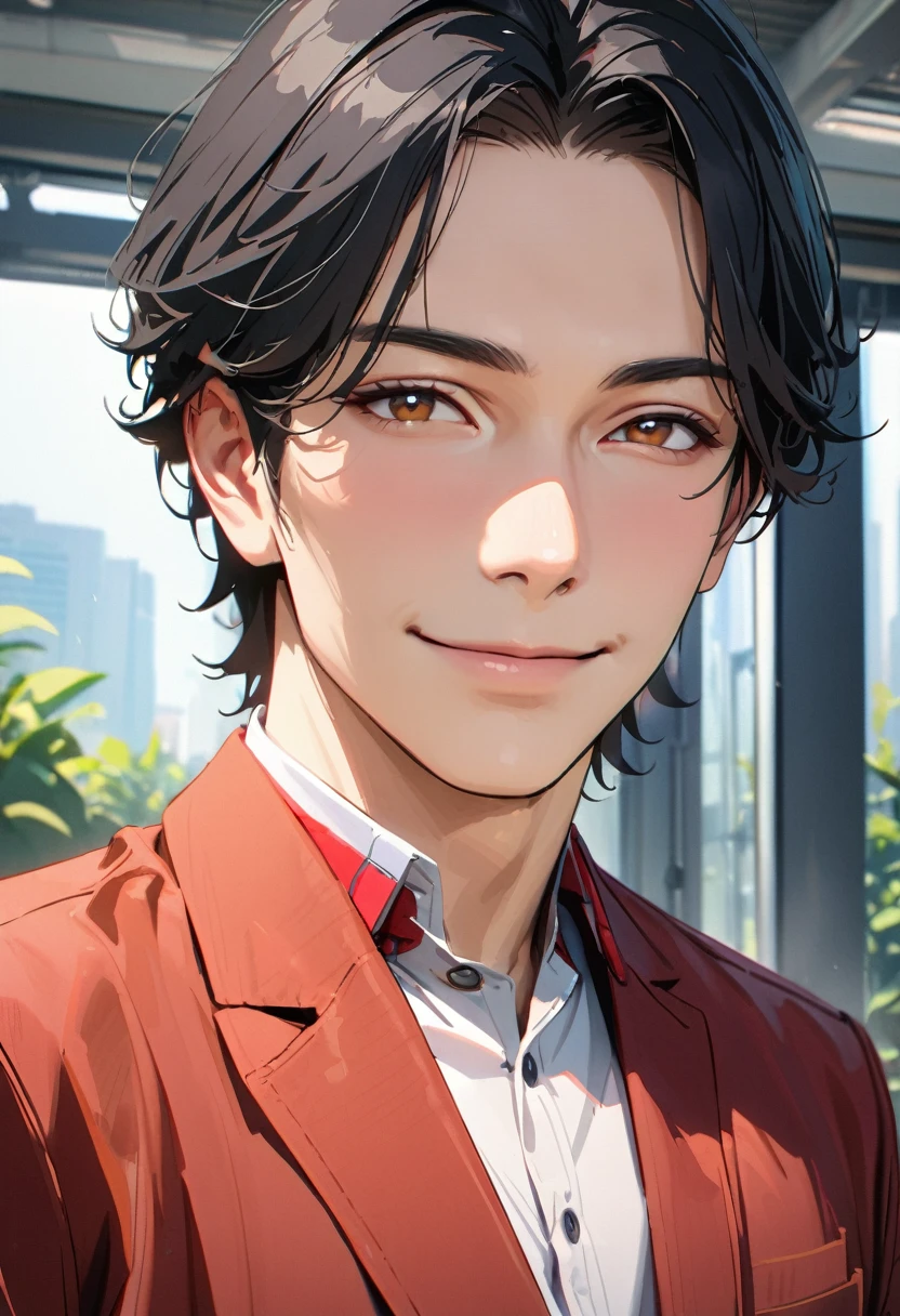 ((45 years old ,modern)), Verism, masterpiece, super detail, ((best quality:1.3)), 4K ,  A handsome man, black hair, short hair, light smile, happy
