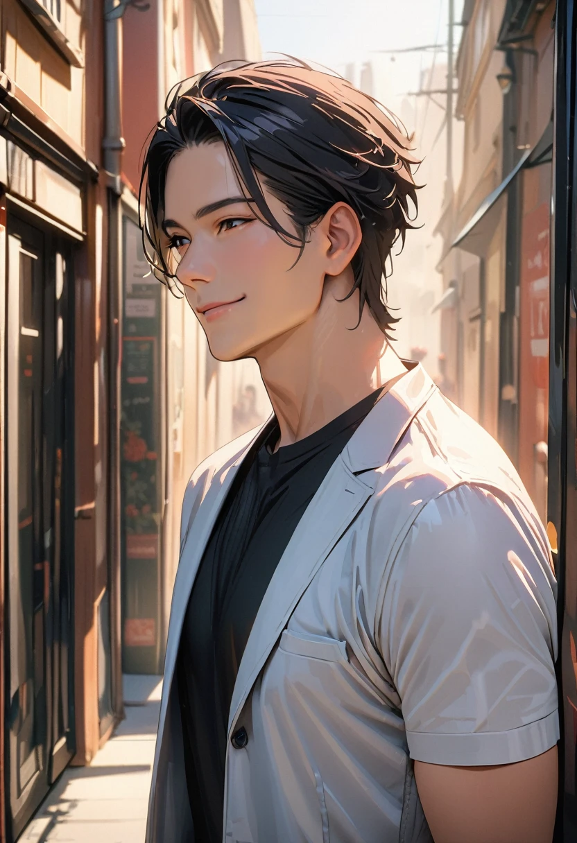 ((45 years old ,modern)), Verism, masterpiece, super detail, ((best quality:1.3)), 4K , A handsome man, black hair, short hair, light smile, happy