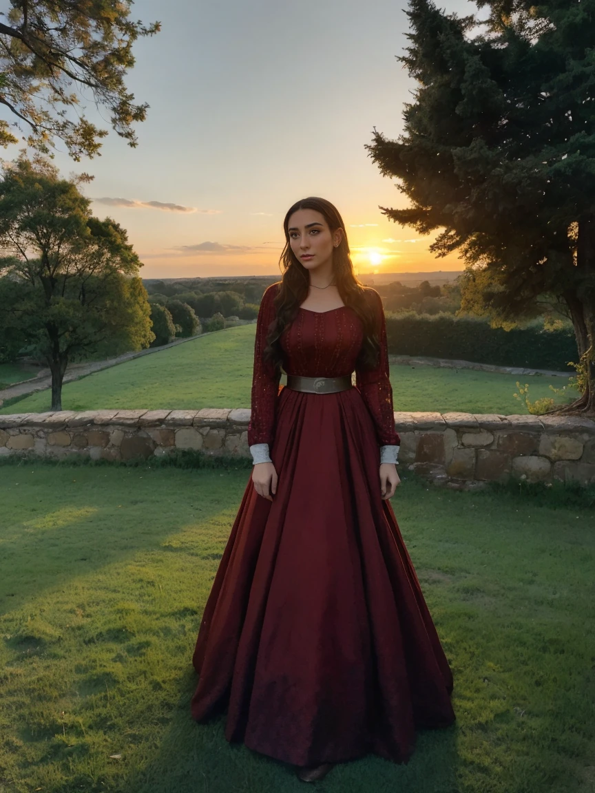 Gorgeous and sultry busty athletic (thin) brunette queen with sharp facial features wearing a modest updo, dark red medieval dress, long sleeves, intricate patterns, scrollwork, wide neck, crown, veil, long dress, modest dress, tight bodice, silver belt, (waist chain), medieval jewelry, Middle Ages, castle, rampart, wall, exterior, on top of a castle wall, trees, countryside, evening, sunset.