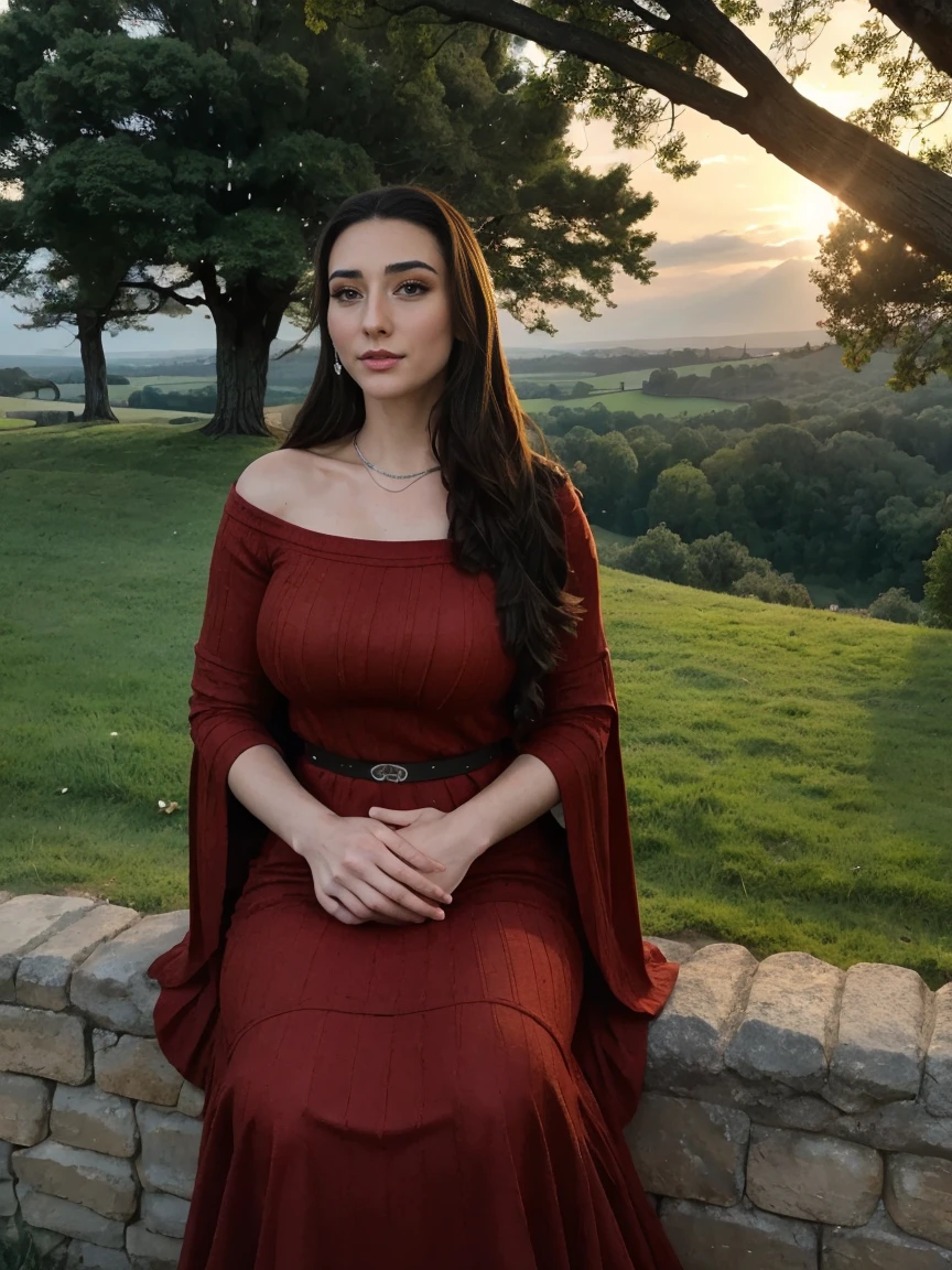 Gorgeous and sultry busty athletic (thin) brunette queen with sharp facial features wearing a modest updo, dark red medieval dress, long sleeves, intricate patterns, scrollwork, wide neck, crown, veil, long dress, modest dress, tight bodice, silver belt, (waist chain), medieval jewelry, Middle Ages, castle, rampart, wall, exterior, on top of a castle wall, trees, countryside, evening, sunset.