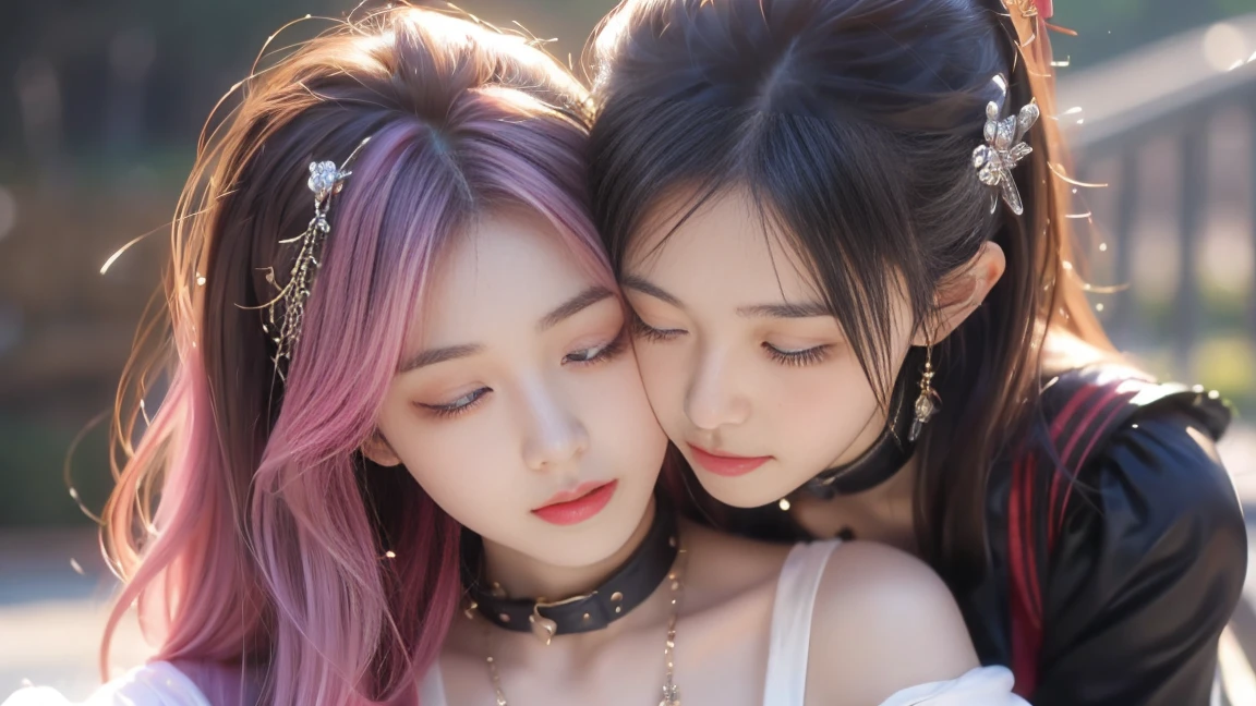 (2girls, Japanese girls),yuri, 2girls, (kiss), (female masturbation:1.5),(Panting face with closed eyes), bondage,linked collar, skindantation, shy, red cheek, in cave, Realistic:1.2),shenzi,long hair,(pink hair:1.2),purple eyes,(very long hair:1.4),separated sleeves,jewelry,wide_sleeves,(hair_ornament:1.4),( nsfw, breasts out, puffy nipples),(1 pussy), ((cum)), ((cum in pussy)), , one mole under eye, glowing eyes, piercing eyes,(hiqcgbody:0.3), (hiqcgface:0.3), epic, (royal palace), royal, ((rich, prestige)),pussy, pussy juice(There is white viscous liquid flowing out of the vulva:1.3),(sexual behaviour :1.5) ,(masterpiece, realistic, photo-realistic:1.2), finely detail, ultra high res, perfect anatomy, best quality, 8K, soft focus,((masterpiece, best quality)),utifully detailed face,ultra realistic 8k cg, charming, seductive, erotic, alluring, enchanting, deity, jewelry