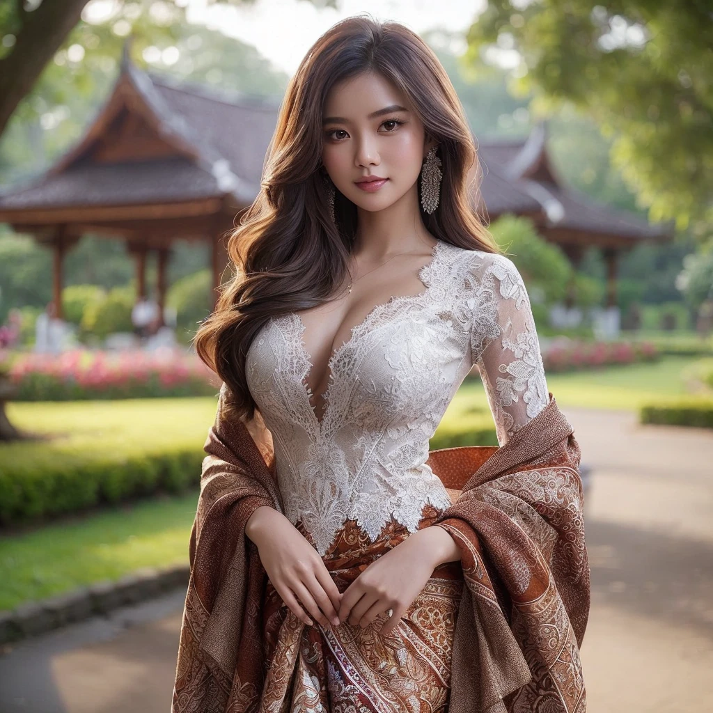 Create a realistic, visual of a indonesian woman (slightly overweight), standing elegantly in a beautifully decorated room. She is wearing traditional Indonesian attire, consisting of a white lace fitted kebaya with v deeps cuts, a batik sarong with intricate patterns, and a brown scarf draped over her shoulders. Her long hair cascades over her shoulders, and she wears a delicate smile, exuding grace and poise. The background is park complements the warm and inviting atmosp