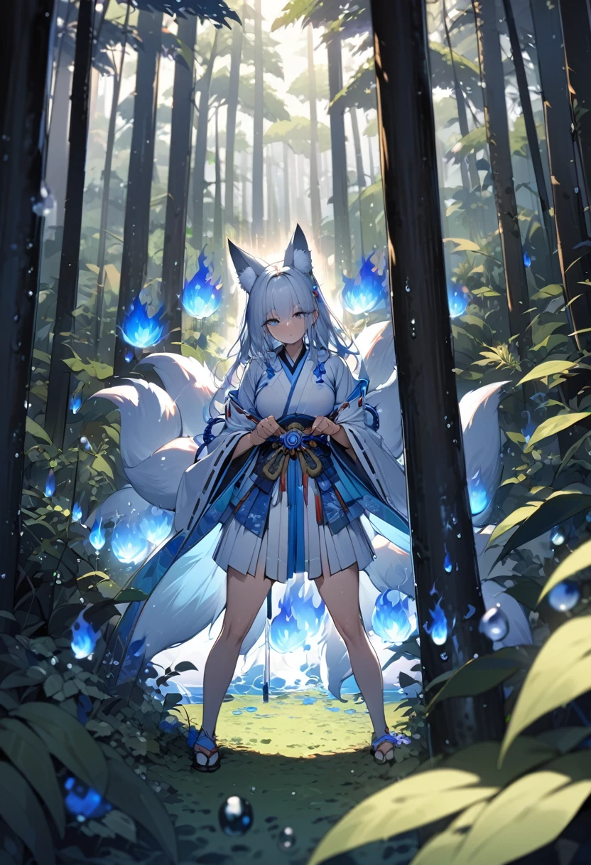 Masterpiece, Extremely detailed, close distance shot, (A beautiful kitsune woman peering through the leaves in a dense forest) , {she is surrounded by motes of blue fire}, facing viewer, (dynamic pose) , fox ears, nine fox tails, traditional Japanese clothing. Japanese sandels, ((vegetation in the forground, water droplets on leaves, subject partially obscured by vegetation)) , (moonlit night)