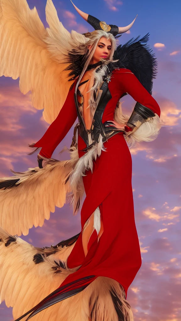 masterpiece, realistic, hyperrealistic, full body portrait,best quality, ultimecia, horns, red dress, plunging neckline, feather trim, black wings, facial marks, claws, upper body, smirk 