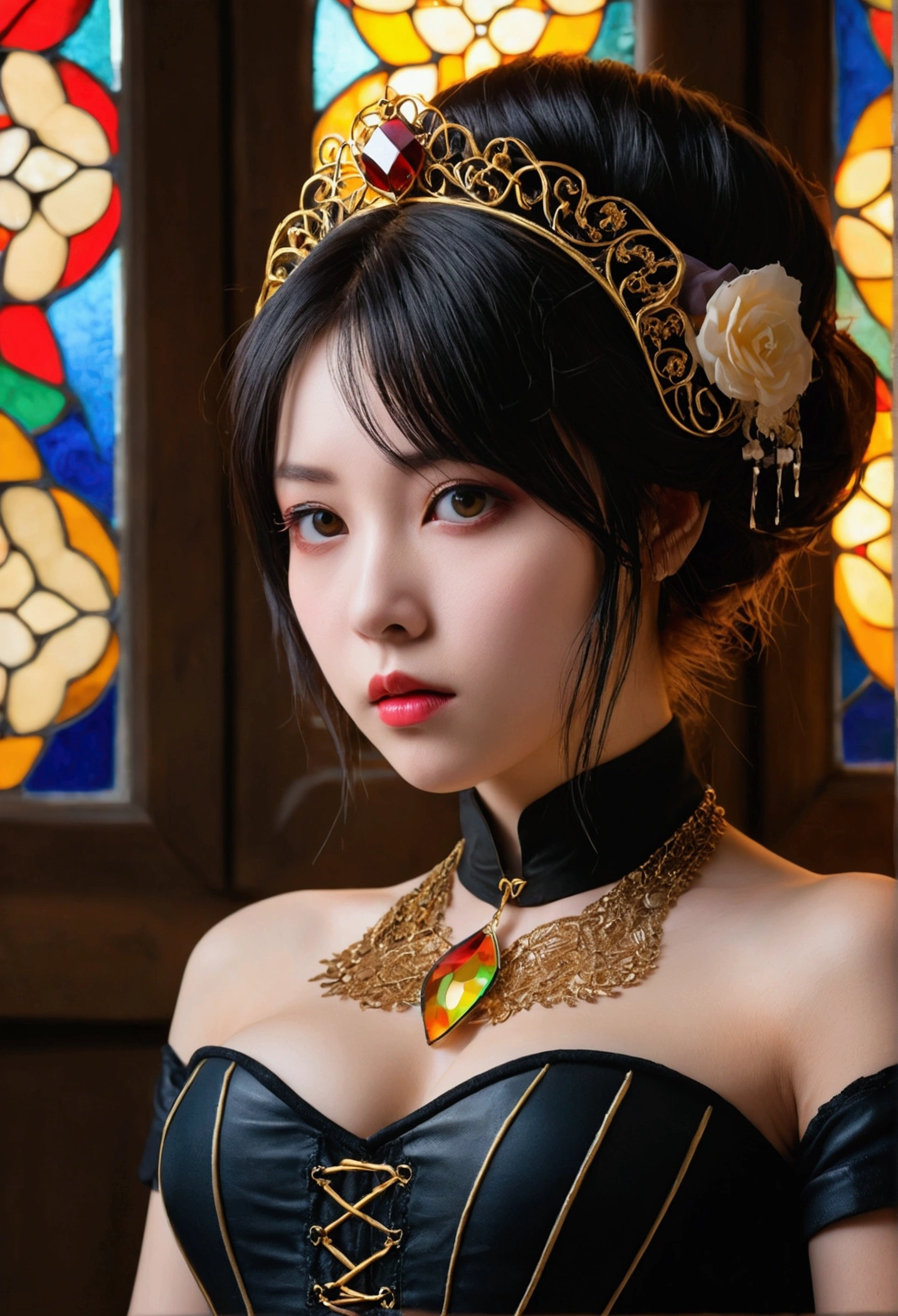 Award-winning RAW color photos of Victorian-era vampires cherrynobodysd15+ Wearing a black dress and leather corset, dark霧の村, night、an  ominous、dark、Premonition, haze, moonlight, Vivid and captivating eyes, Pale skin, (Black Hair)+, Shallow depth of field, High Contrast, Backlight, bloom, chromatic aberration, Smooth, Sharp focus, Shooting with a mirrorless camera(masterpiece, Highest quality, Highest quality,Official Art, beautifully、Super Gold Hairstyle、aesthetic:1.2),(One girl:1.3), One girl BREAK stained glass art, Colored Glass, Lead wire, Light transmission BREAK Vivid colors, Intricate Design, Glowing effect, Spiritual atmosphere、Background abstract Japanese style