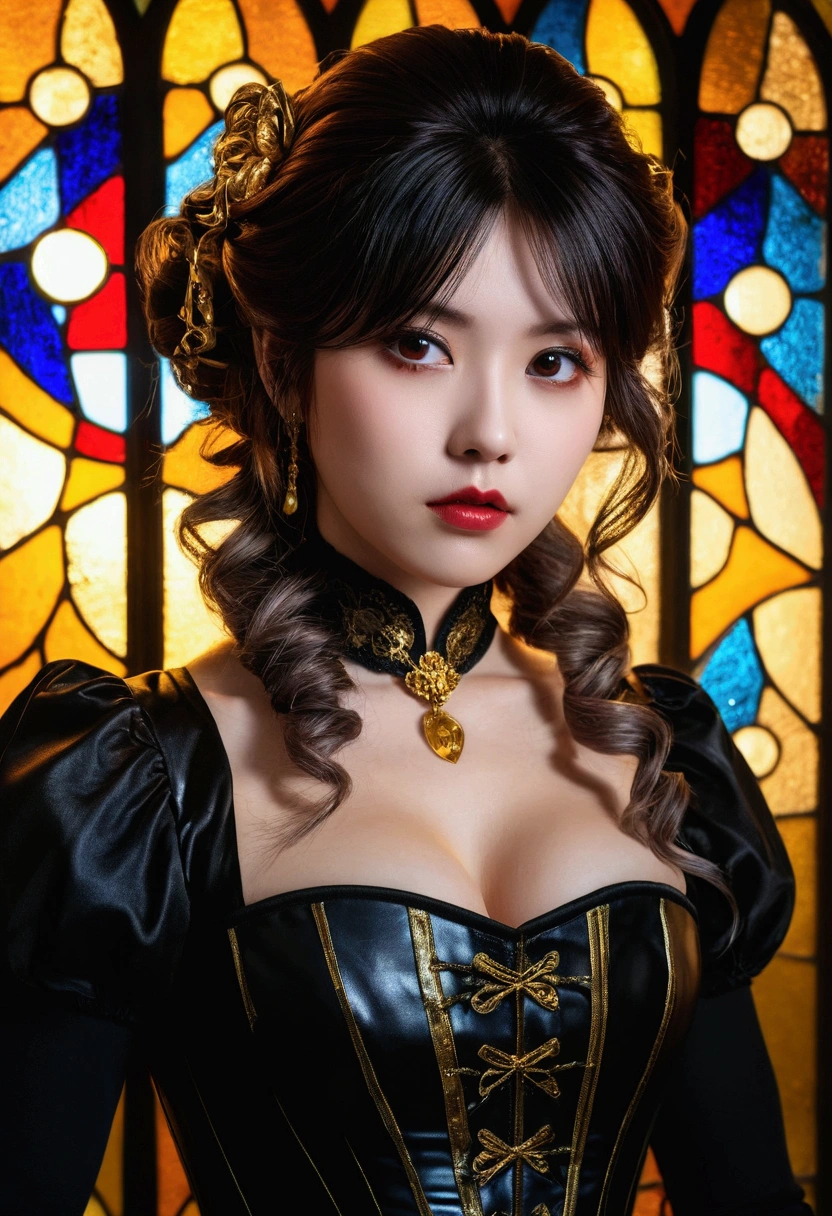 Award-winning RAW color photos of Victorian-era vampires cherrynobodysd15+ Wearing a black dress and leather corset, dark霧の村, night、an ominous、dark、Premonition, haze, moonlight, Vivid and captivating eyes, Pale skin, (Black Hair)+, Shallow depth of field, High Contrast, Backlight, bloom, chromatic aberration, Smooth, Sharp focus, Shooting with a mirrorless camera(masterpiece, Highest quality, Highest quality,Official Art, beautifully、Super Gold Hairstyle、aesthetic:1.2),(One girl:1.3), One girl BREAK stained glass art, Colored Glass, Lead wire, Light transmission BREAK Vivid colors, Intricate Design, Glowing effect, Spiritual atmosphere、Background abstract Japanese style