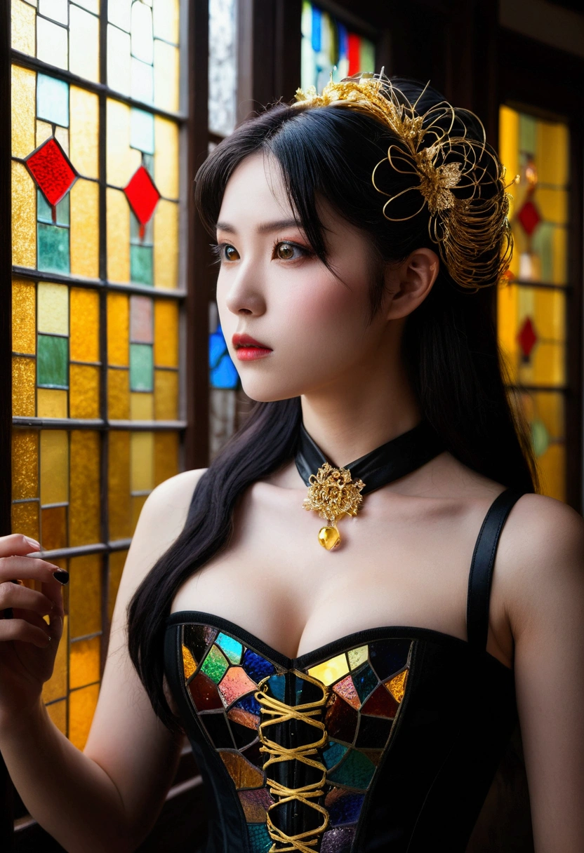 Award-winning RAW color photos of Victorian-era vampires cherrynobodysd15+ Wearing a black dress and leather corset, dark霧の村, night、an  ominous、dark、Premonition, haze, moonlight, Vivid and captivating eyes, Pale skin, (Black Hair)+, Shallow depth of field, High Contrast, Backlight, bloom, chromatic aberration, Smooth, Sharp focus, Shooting with a mirrorless camera(masterpiece, Highest quality, Highest quality,Official Art, beautifully、Super Gold Hairstyle、aesthetic:1.2),(One girl:1.3), One girl BREAK stained glass art, Colored Glass, Lead wire, Light transmission BREAK Vivid colors, Intricate Design, Glowing effect, Spiritual atmosphere、Background abstract Japanese style
