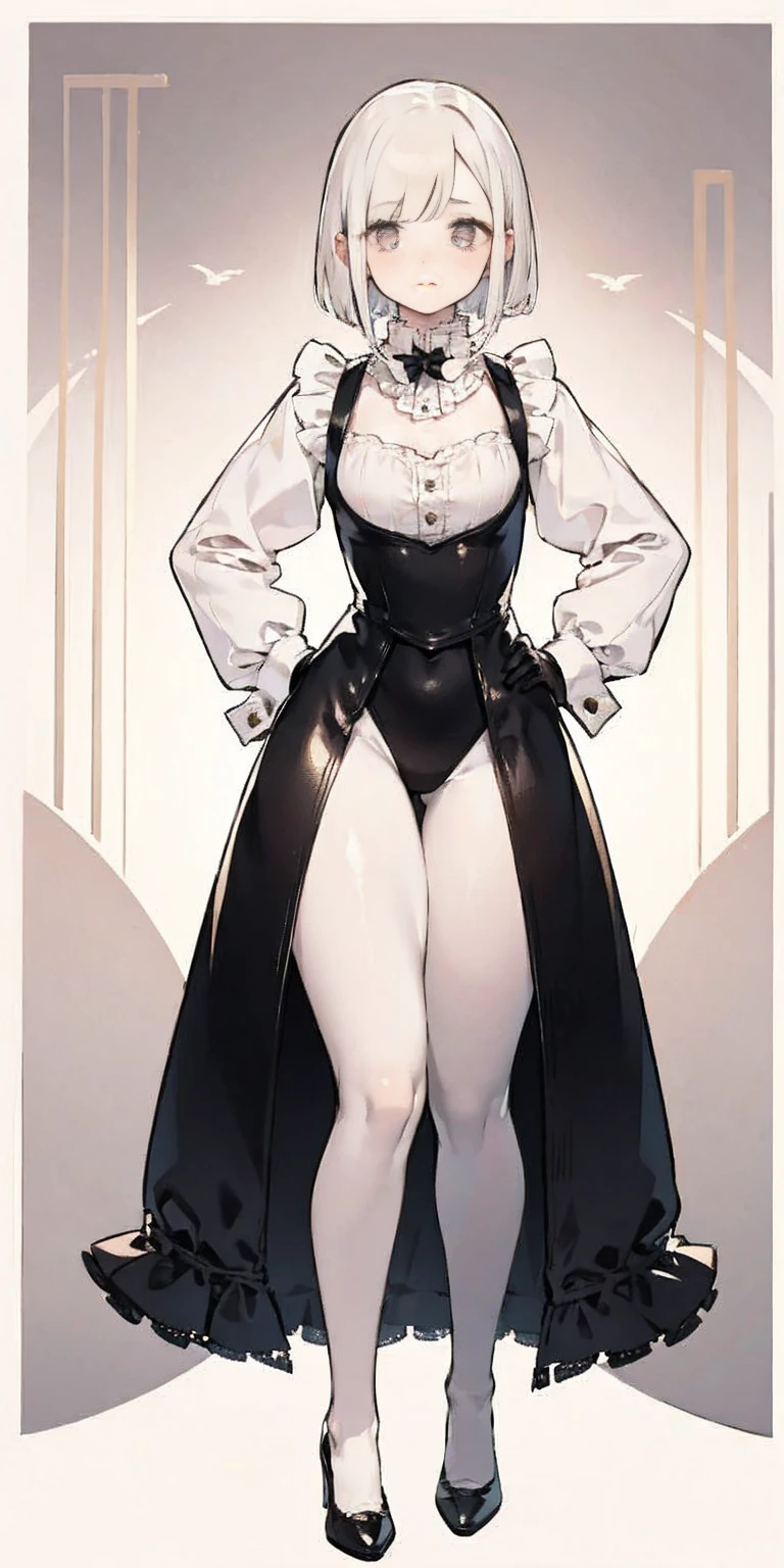 White hair, short bob hair, pinched eyes, thin legs, thin body, leather collar, maid outfit victorian, full body standing symmetrical, hands on hips, wide hips, view from below