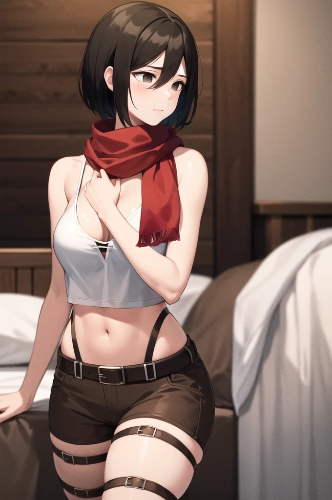 Masterpiece, best quality, high res, hmmikasa, short hair, black eyes, scarf, emblem, belt, thigh strap, red scarf, tight white panties, cropped tank top, brown blazer, cleavage, cowboy shot, medium breasts, shy face, laying on bed,  breasts, front view, open legs