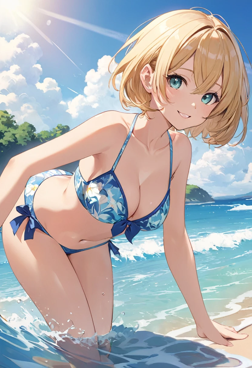 One girl, blonde short hair, wearing a swimsuit and taking Watermelon,smile,(((masterpiece))), (((best quality))), ((ultra-detailed)), (illustration), (detailed light),((an extremely delicate and beautiful)),(beautiful detailed eyes),background is beachside