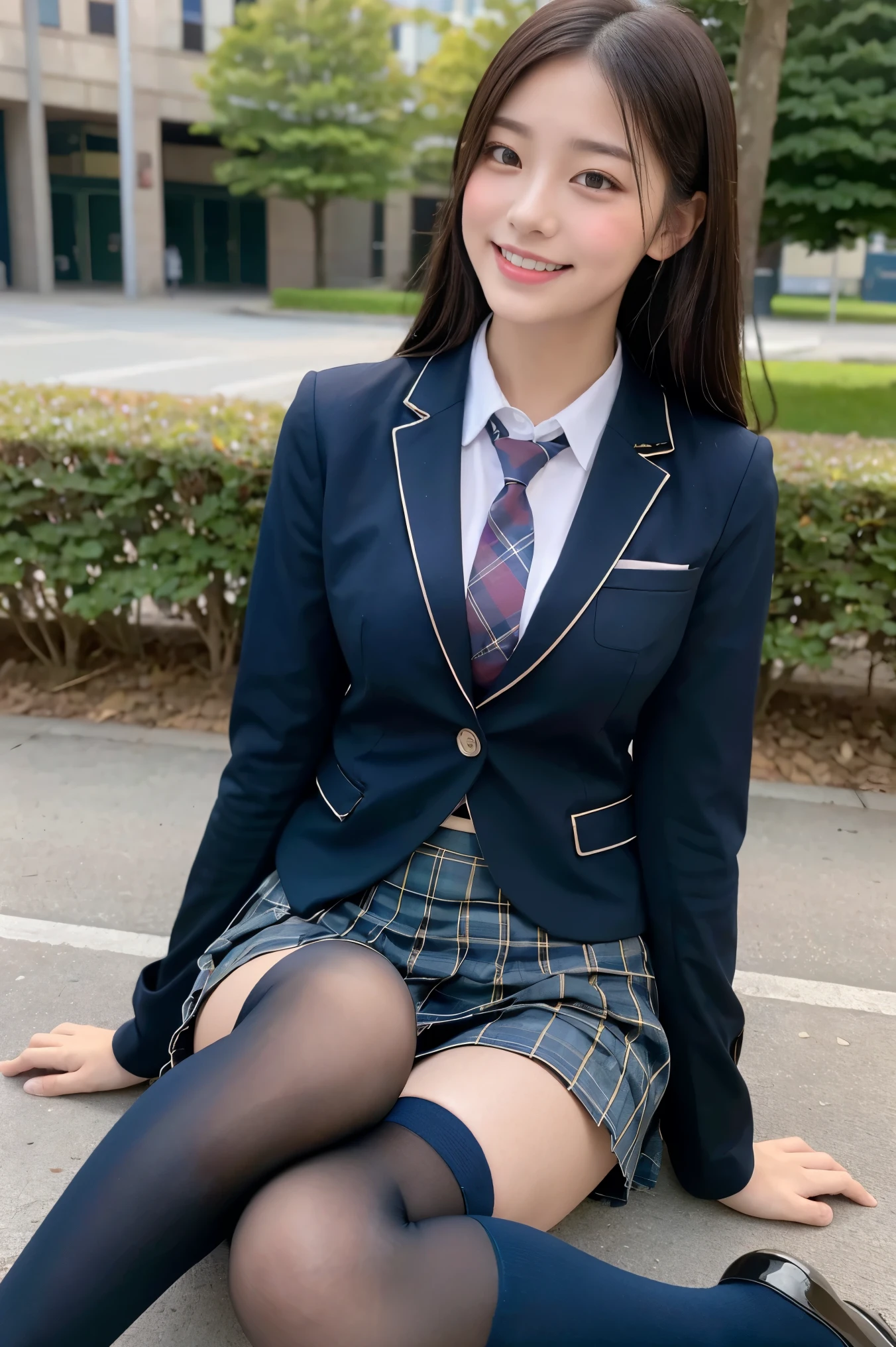 (8K), (highest quality: 1.2), (Realistic), (Realistic: 1.37), Ultra-high resolution, 1 girl, cute, (Embarrassed smile:1.2), (Blushing:1.4),Mouth closed, Beautiful details, Beautiful Nose, black straight Hair, giant dulcefo, pork, Thighs,Navel exposed,University Student Uniform,A simple blazer,Pleated skirt,(The skirt and tie are tartan check pattern.:1.3),(sitting on a park:1.2),(Shiny Thighs:1.2), medium shot , (dark blue school high socks:1.2)
