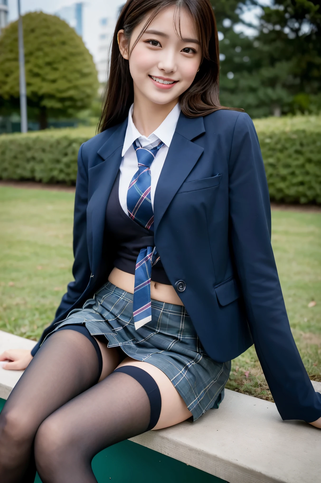 (8K), (highest quality: 1.2), (Realistic), (Realistic: 1.37), Ultra-high resolution, 1 girl, cute, (Embarrassed smile:1.2), (Blushing:1.4),Mouth closed, Beautiful details, Beautiful Nose, black straight Hair, giant dulcefo, pork, Thighs,Navel exposed,University Student Uniform,A simple blazer,Pleated skirt,(The skirt and tie are tartan check pattern.:1.3),(sitting on a park:1.2),(Shiny Thighs:1.2), medium shot , (dark blue school high socks:1.2)