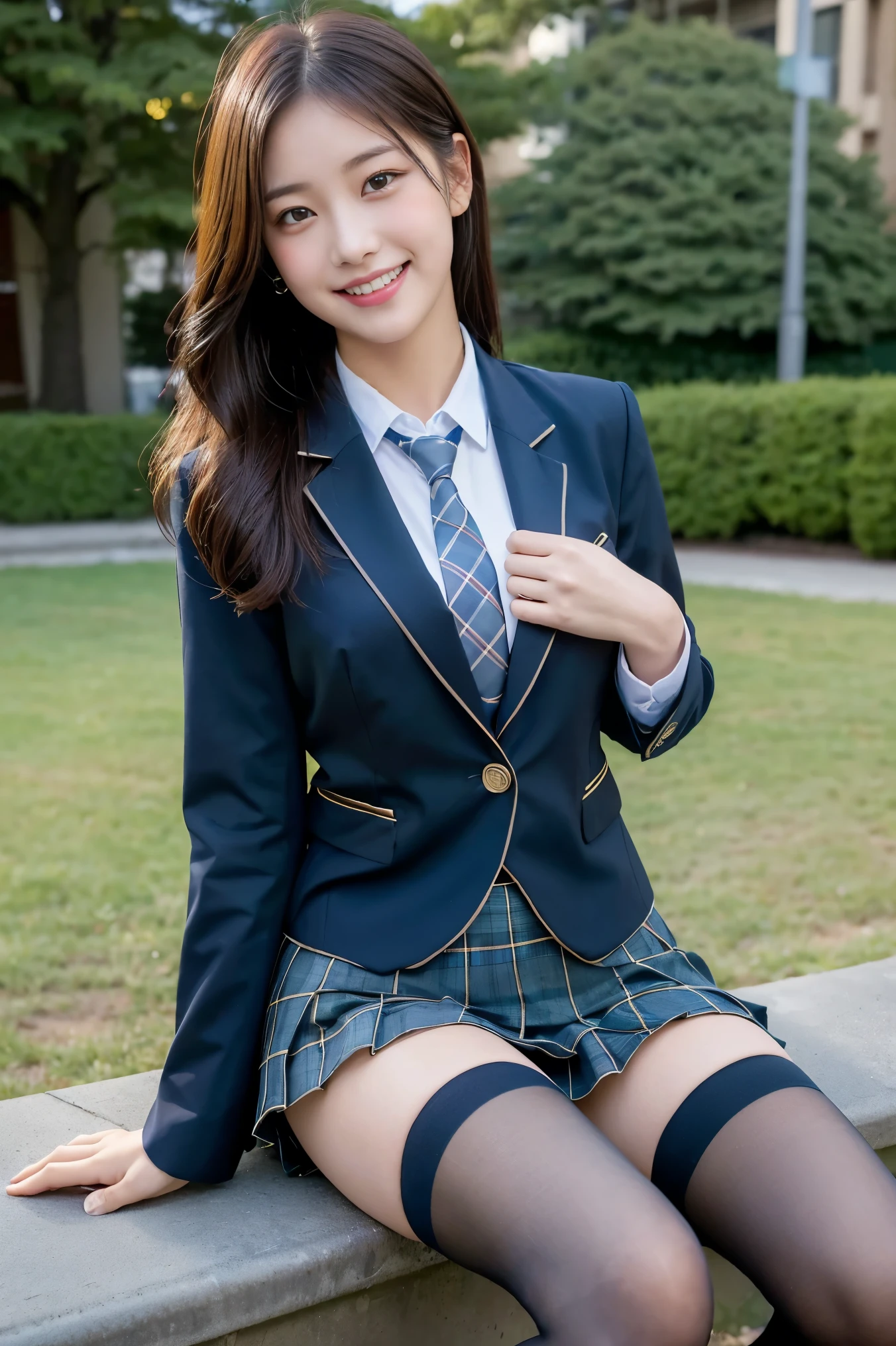 (8K), (highest quality: 1.2), (Realistic), (Realistic: 1.37), Ultra-high resolution, 1 girl, cute, (Embarrassed smile:1.2), (Blushing:1.4),Mouth closed, Beautiful details, Beautiful Nose, black straight Hair, giant dulcefo, pork, Thighs,Navel exposed,University Student Uniform,A simple blazer,Pleated skirt,(The skirt and tie are tartan check pattern.:1.3),(sitting on a park:1.2),(Shiny Thighs:1.2), medium shot , (dark blue school high socks:1.2)