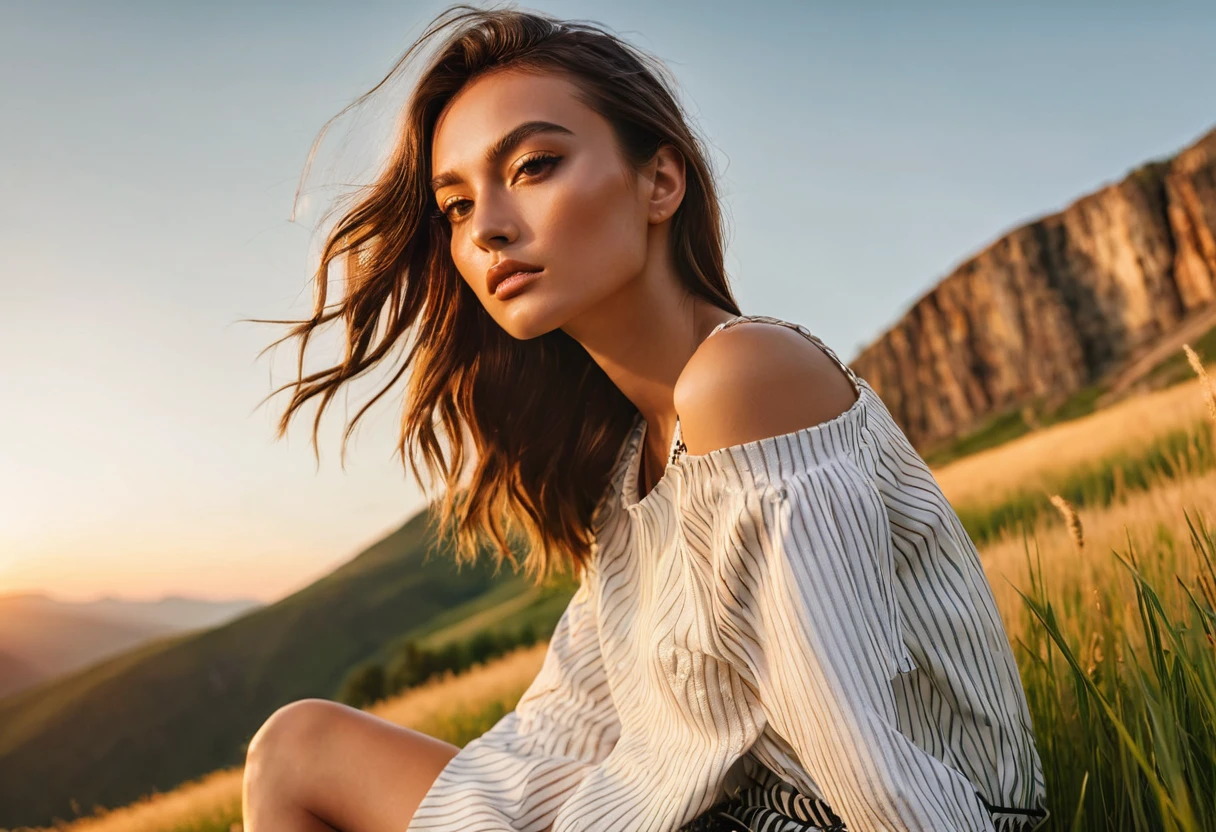 ((best quality)), ((masterpiece)), (detailed), half body shot, sitting behind the grass, summer fashion photo shot, dynamic pose, dynamic angle, sunsetting in the background, young italian woman, wearing summer Dior apparel. she is looking off at the sunset, a cabin in golden grass field with rocky hills at the distance