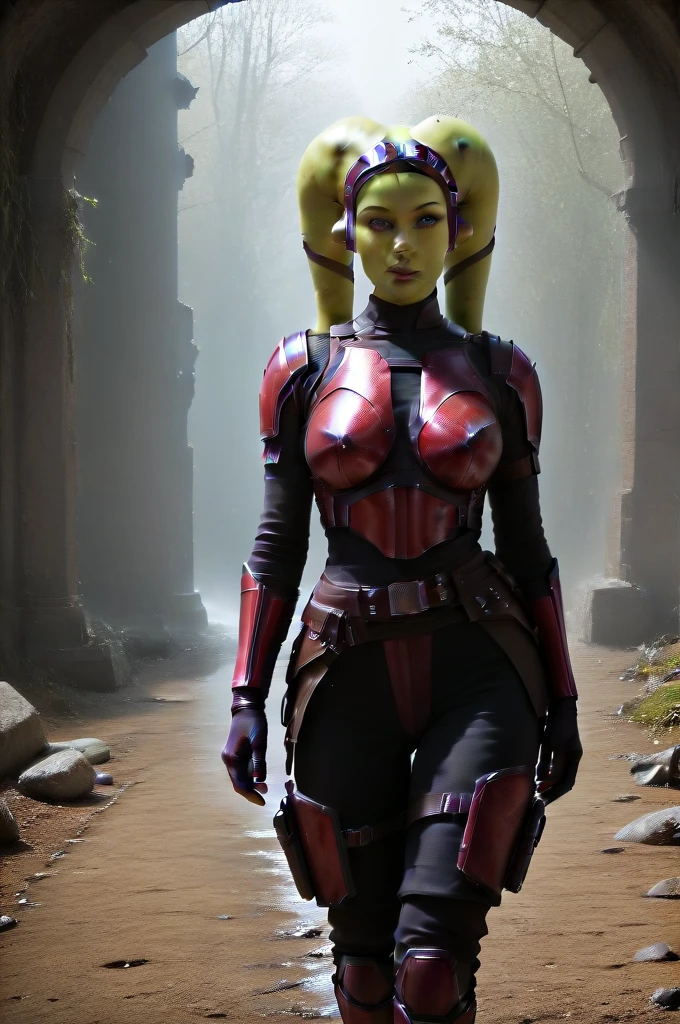 a ((fall body)) (((hera syndulla))) ((green skin )) ((female twi'lek ))mandalorian,walking on snow coverd ruins , ((green fire eyes )) , beautiful detailed eyes, beautiful detailed lips, extremely detailed face, long eyelashes, mandalorian armor, sci-fi, cinematic lighting, dramatic, epic, intricate details, hyper-realistic, 8k, high-quality, photorealistic