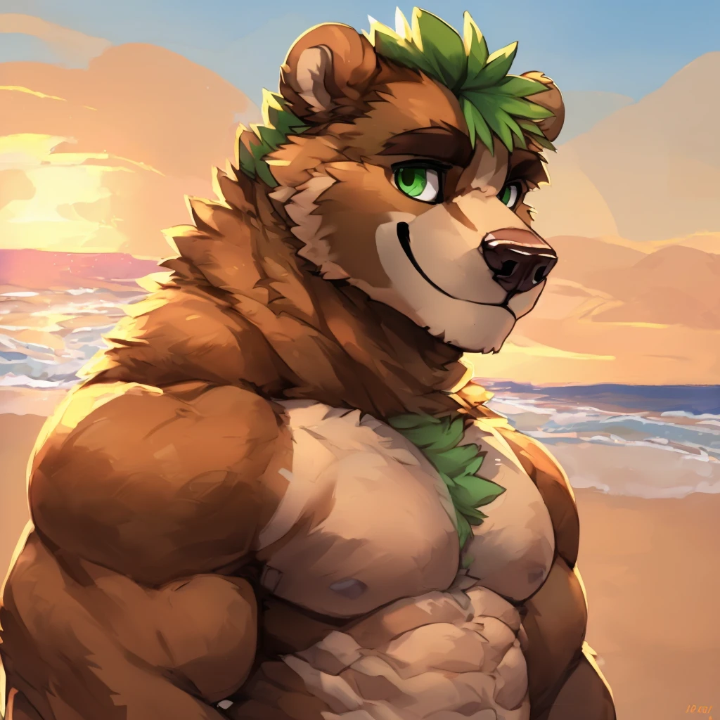 A muscular, caramel brown colored fur anthropomorphic grizzly bear, green eyes, green hair, closed smile, bara bear, beach background, high quality furry art.